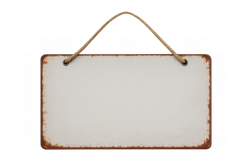 Blank vintage metal sign with rusty edges hanging on a rope, isolated on a transparent background, providing copy space