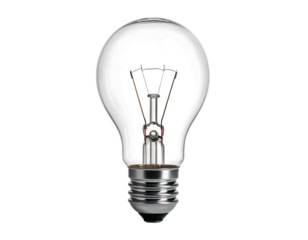 Clear glass incandescent light bulb with visible filament and metal base