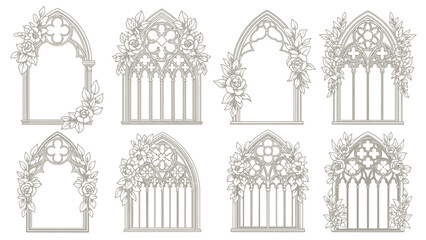 Gothic Arch Frames with Roses and Leaves Collection - Elegant Vector Design Set © Ega