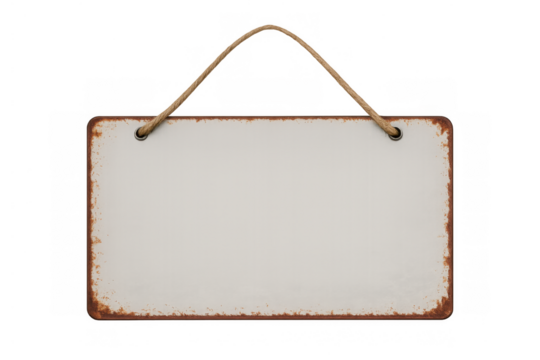 Blank vintage metal sign with rusty edges hanging on a rope, isolated on a transparent background, providing copy space - Powered by Adobe