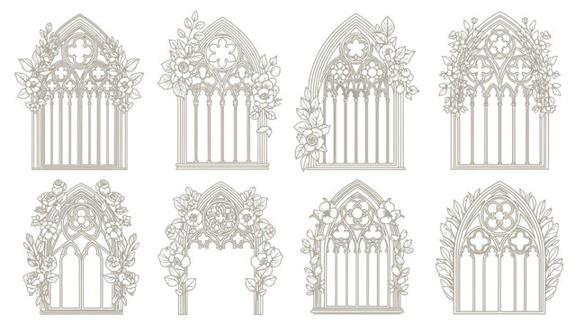 Set of Gothic Architectural Window Designs with Floral Ornate Embellishments