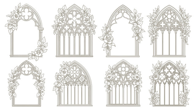 Gothic Arch Frames with Roses and Leaves Collection - Elegant Vector Design Set