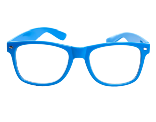 Bright blue eyeglasses with thick frames and clear lenses