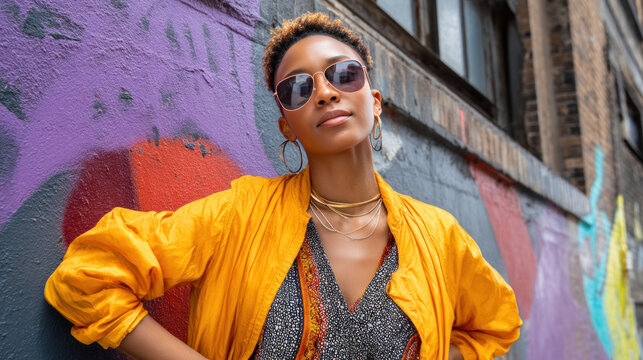 A non-binary person posing confidently in front of a vibrant urban backdrop, wearing bold, stylish fashion. Lesbian couple friends generation z.
