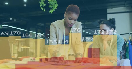 Animation of statistical data processing over diverse female fashion designers discussing at studio