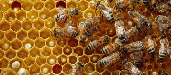 Honeybee Colony with Yellow Honeycomb and White Larvae