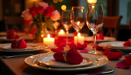 A romantic dining setup with a single plated dessert accented by a rose-red garnish, candlelight, and wine glasses in the background, HD and 4k image