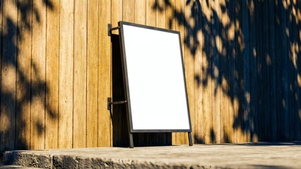 Blank poster frame on wood wall with shadow sunlight