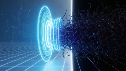 Abstract digital portal emitting light and energy into a dark, chaotic vortex of particles