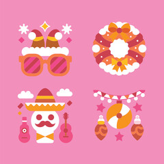 Mexican festive icon set with sombrero, wreath and traditional decorations