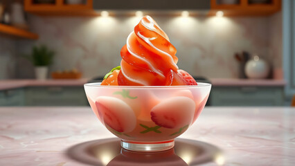 Delicious strawberry ice cream dessert served in a glass bowl with fresh fruit and cream for a sweet frozen summer treat