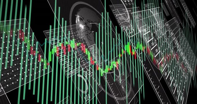 Floating panels overlapping green red candlestick charts showing real-time data in 3D layout