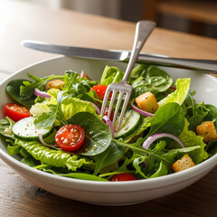 Fresh Mixed Green Salad with Vegetables and Fork.