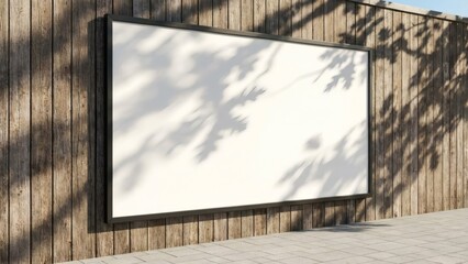 Blank poster frame on wood wall with shadow sunlight
