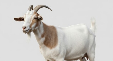 Fototapeta premium Goat standing in a rural farm environment with natural light. A hardy domesticated mammal widely raised for milk, meat, and wool, symbolizing agriculture and livestock farming.