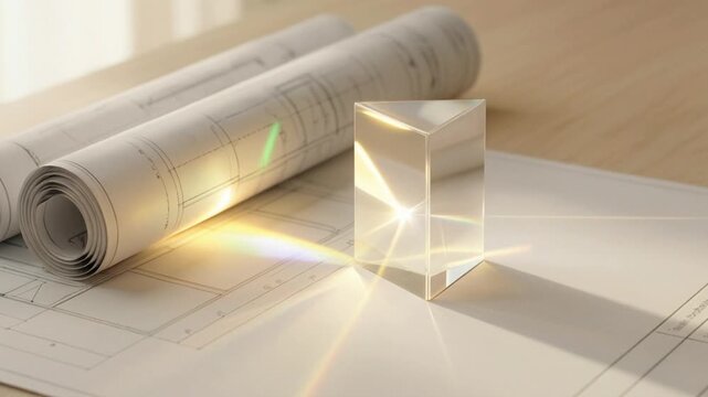 Clear glass prism casting rainbow light on architectural blueprint papers beside a rolled plan on desk