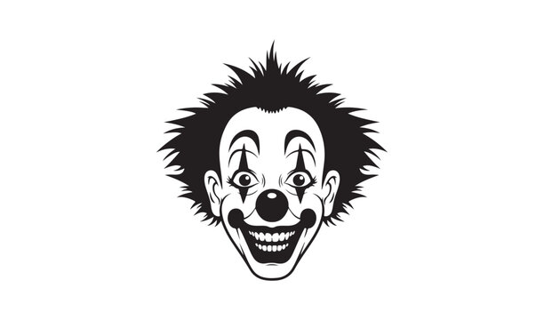 Scary Circus Clown Face with Spiky Hair and Red Nose, Halloween Joker Mascot, Black and White Vector Portrait