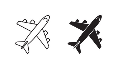 Set of Two Airplane Silhouettes, Flying Jet Outline and Solid Icon, Travel Tourism and Aviation Vector Art