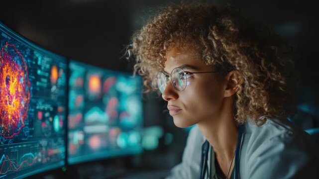 Focused Female Researcher Adjusting Machine Learning Parameters