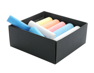Colorful chalk sticks neatly arranged in a black box