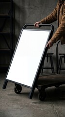 Person holding blank frame on cart grunge industrial backdrop