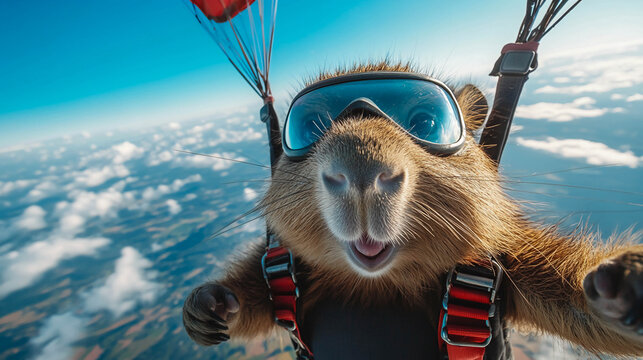 A funny capybara wearing goggles is parachuting above the clouds, a concept of extreme, adventurous, and humorous animal travel.