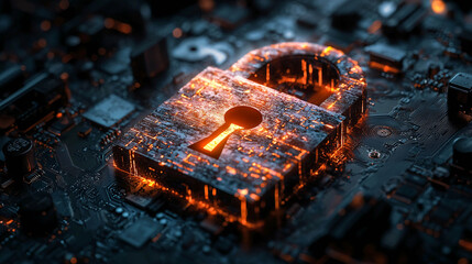 The backlit lock with orange digital lights is located on the surface of the electronic board, representing the concept of cybersecurity, data protection, and encryption.