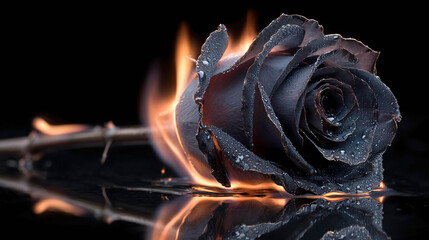 A close-up of a black rose burns with a soft flame against a dark background, a dramatic symbol of passion, pain, loss, and dark romance.