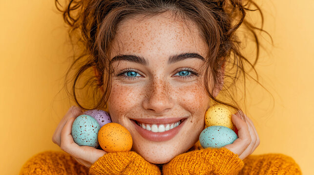 A smiling young woman with freckles holds Easter eggs in front of her face on a yellow background, representing the concept of Easter and spring.