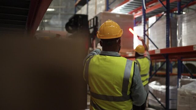 Blue collar workers are working at warehouse. Logistics, transportation.