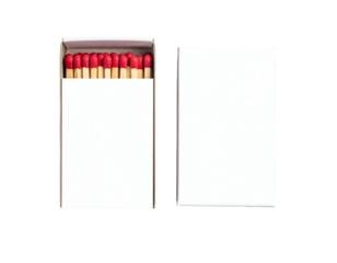 Two white matchboxes, one open showing red-tipped matches
