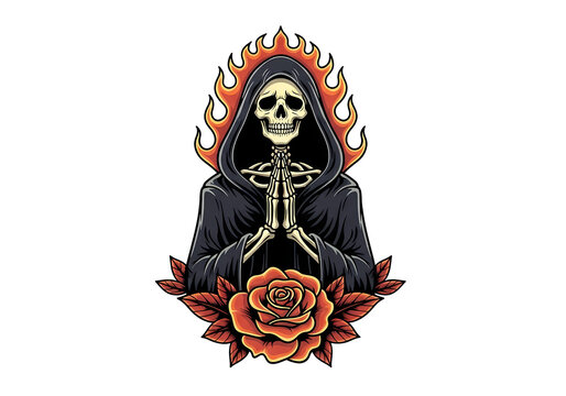 炎に囲まれた骸骨、祈る死神のイラスト