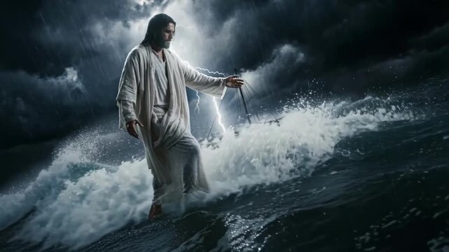 Jesus walking on water during a dramatic storm. Miracle of Christ on the stormy sea with lightning strikes. Biblical story of faith and divinity. Cinematic religious footage of the Messiah