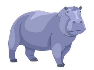Fototapeta premium A cartoon-style purple hippopotamus standing on a white background, simplified and stylized for educational or wildlife concept. Vector illustration