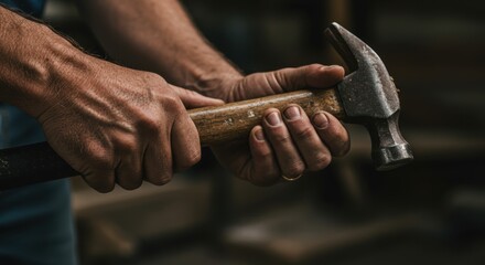 Man holding a claw hammer with a wooden handle. Handyman or carpenter working on a construction project, reflecting hard work and craftsmanship.