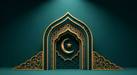 Elegant Green Mosque Arch with Crescent for Serene Ramadan Visual