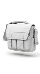 White Leather Messenger Bag on White Background.