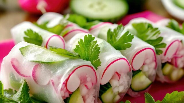 Delicious assortment of colorful spring rolls on a pink plate, garnished with fresh parsley leaves.
