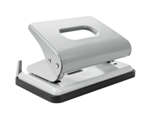 Shiny silver and white paper punch with black base and lever