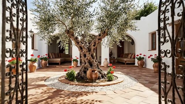 Tranquil Courtyard Oasis with Ancient Olive Tree and Moroccan Ambiance.