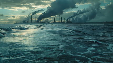 Foamy ocean water near industrial plant emitting smoke, symbolizing marine pollution, climate change, and environmental degradation under stormy skies.