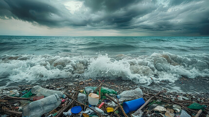Trash-strewn shoreline with plastic bottles and debris scattered along the coast, under dark storm clouds and rough ocean waves.