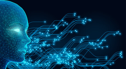 Blue Wireframe AI Face Emitting Data Streams and Neural Connections on Dark Futuristic Background