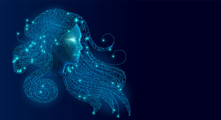 Futuristic Female AI Face with Glowing Mesh Hair and Polygonal Nodes on Dark Digital Background