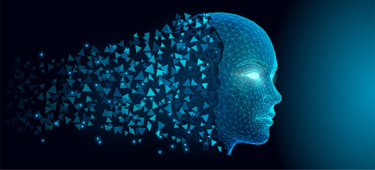 Digital AI Face Emerging from Triangular Fragments with Glowing Wireframe Mesh on Dark Background