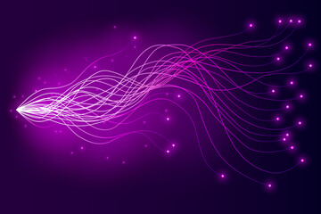 Glowing Pink-Purple Neural Network Flow with Branching Data Lines and Dots on Dark Background
