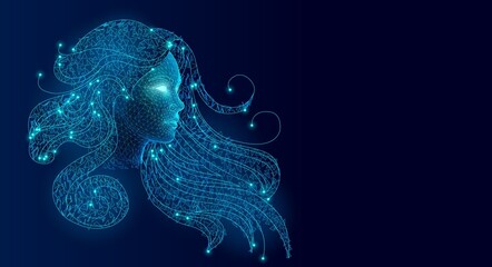 Futuristic Female AI Face with Glowing Mesh Hair and Polygonal Nodes on Dark Digital Background