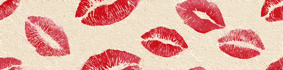 Red lipstick kiss marks covering a cream textured paper surface, creating a playful pattern. Red lipstick kiss marks seamless pattern on textured paper