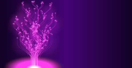Glowing Pink Purple Data Tree of Interconnected Lines and Nodes on Dark Gradient Background