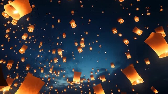 A mesmerizing video of glowing lanterns floating into the night sky, captured from a low-angle, highlighting the serene and magical atmosphere. Live desktop wallpaper.